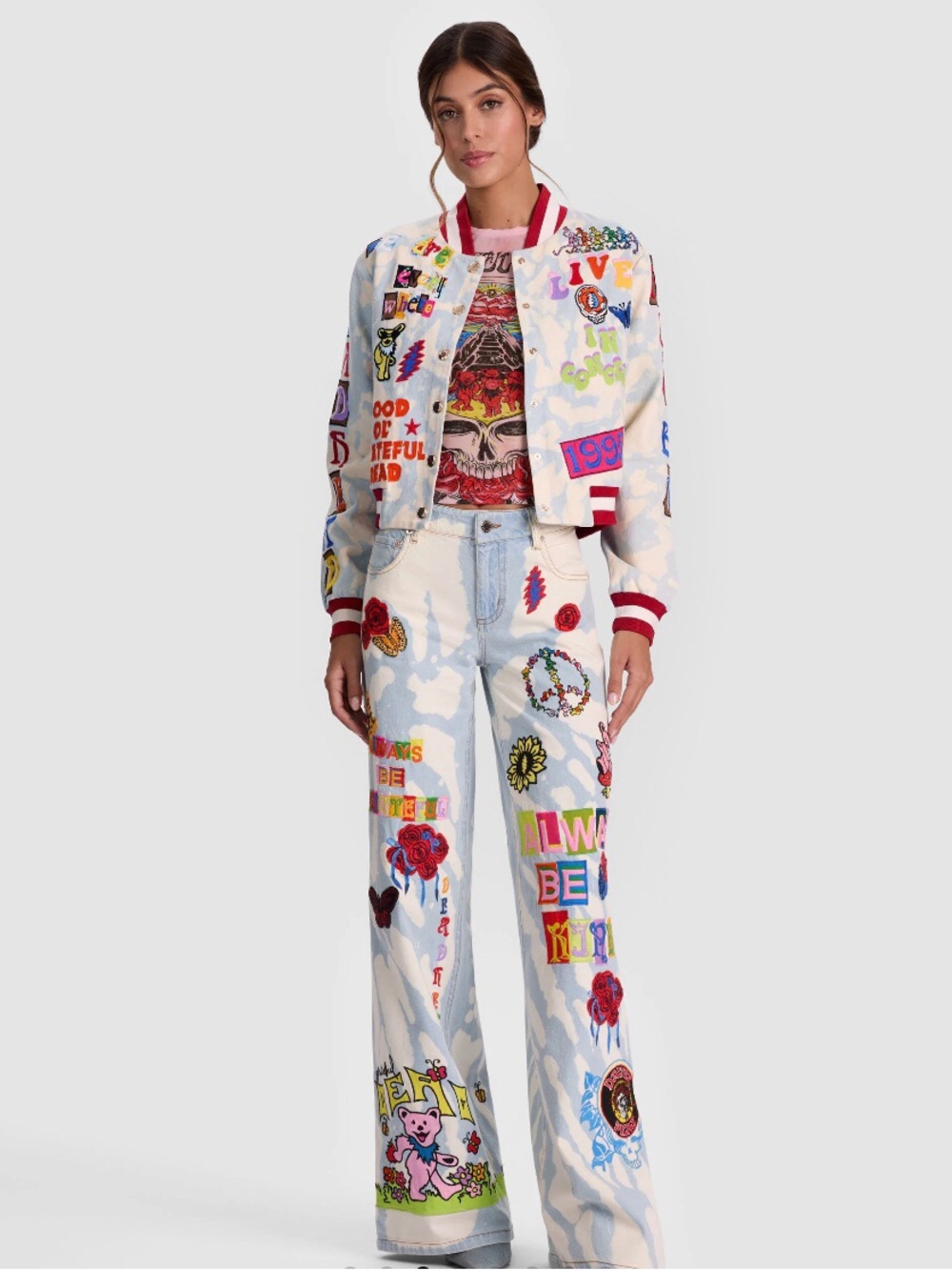 ISO Graphic Embroidered Tie Dye light wash Flared Jeans & Matching Jacket